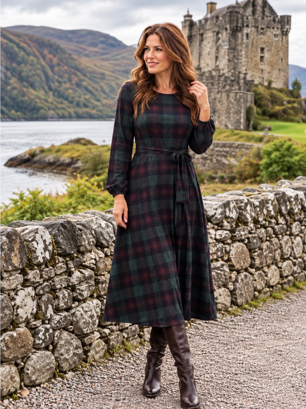 Scottish Tartan Plaid Midi Dress Long Sleeve Green Burgundy